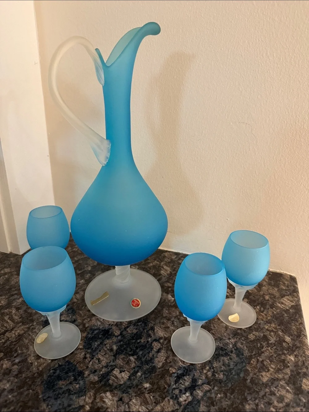 Italian Vintage Blue Frosted Glass Pitcher and 4 Cordial Glasses
